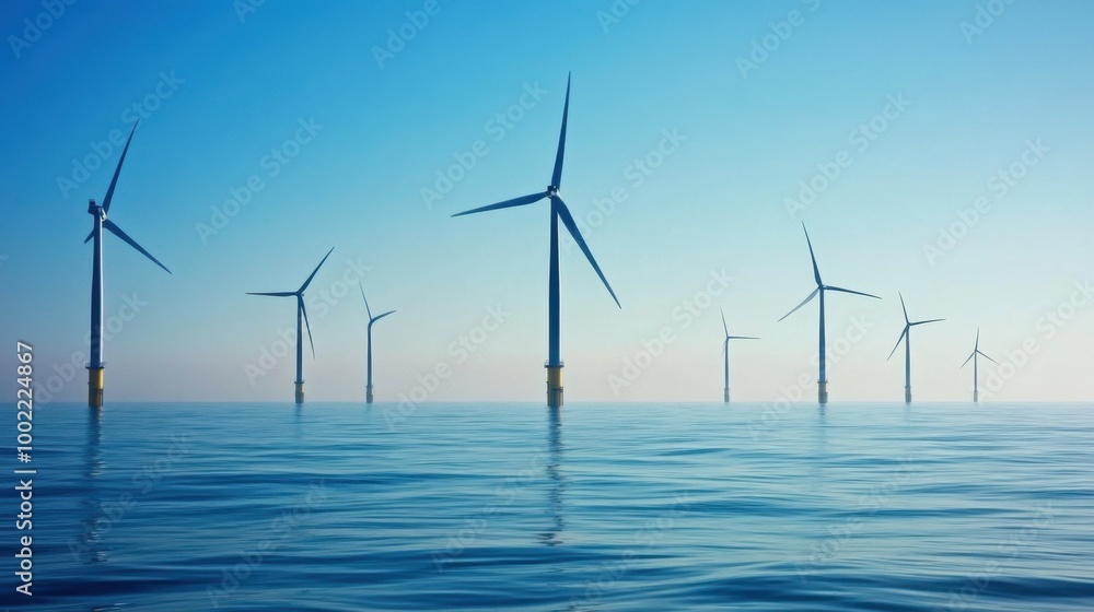 Massive offshore wind farm in the ocean with turbines rising from the water, highlighting renewable energy innovation. Massive offshore wind farm in the ocean with turbines rising from the water, highlighting renewable energy innovation.