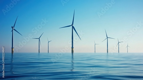 Massive offshore wind farm in the ocean with turbines rising from the water, highlighting renewable energy innovation.