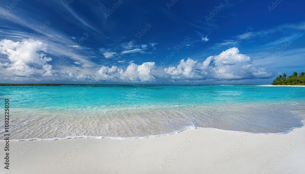 Fototapeta premium Beautiful sandy beach with white sand and rolling calm wave of turquoise ocean on Sunny day
