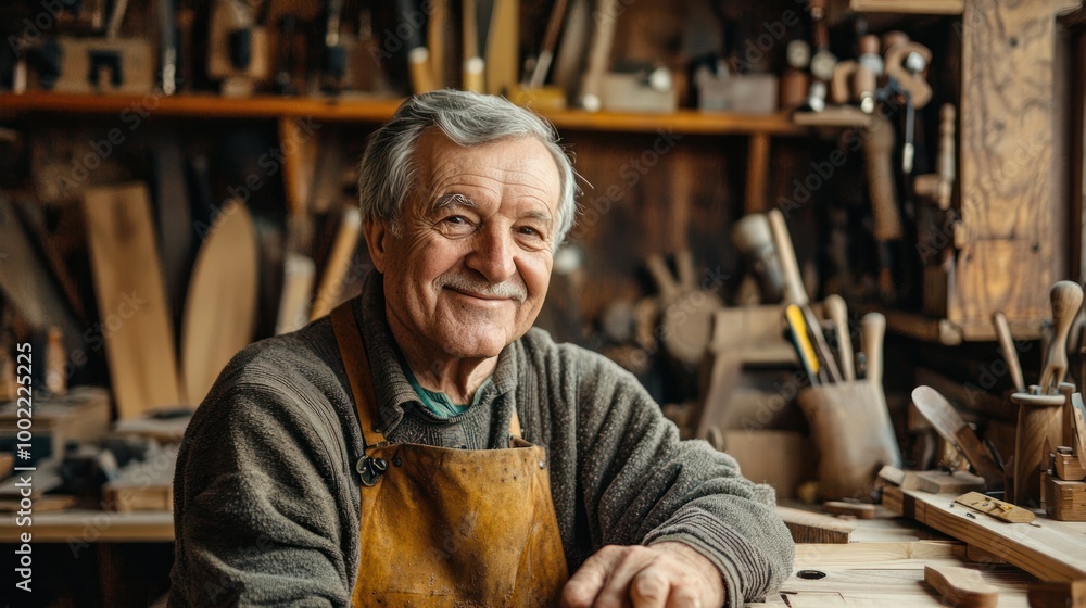 A woodworking workshop with a senior craftsman and various projects, emphasizing experience and expertise. A woodworking workshop with a senior craftsman and various projects, emphasizing experience and expertise.