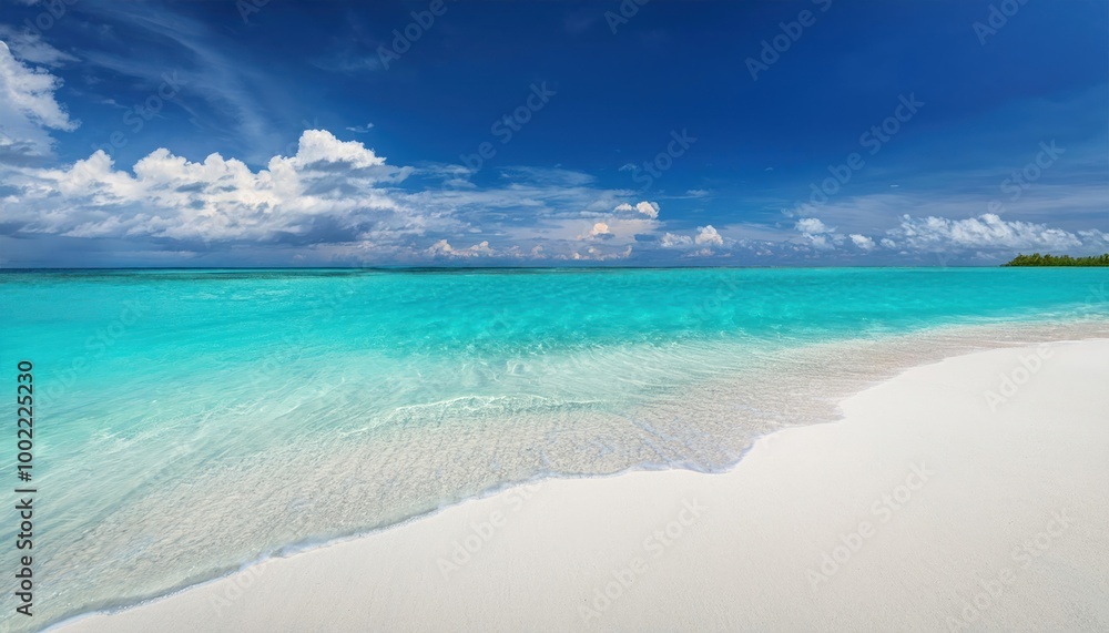 Obraz premium Beautiful sandy beach with white sand and rolling calm wave of turquoise ocean on Sunny day 