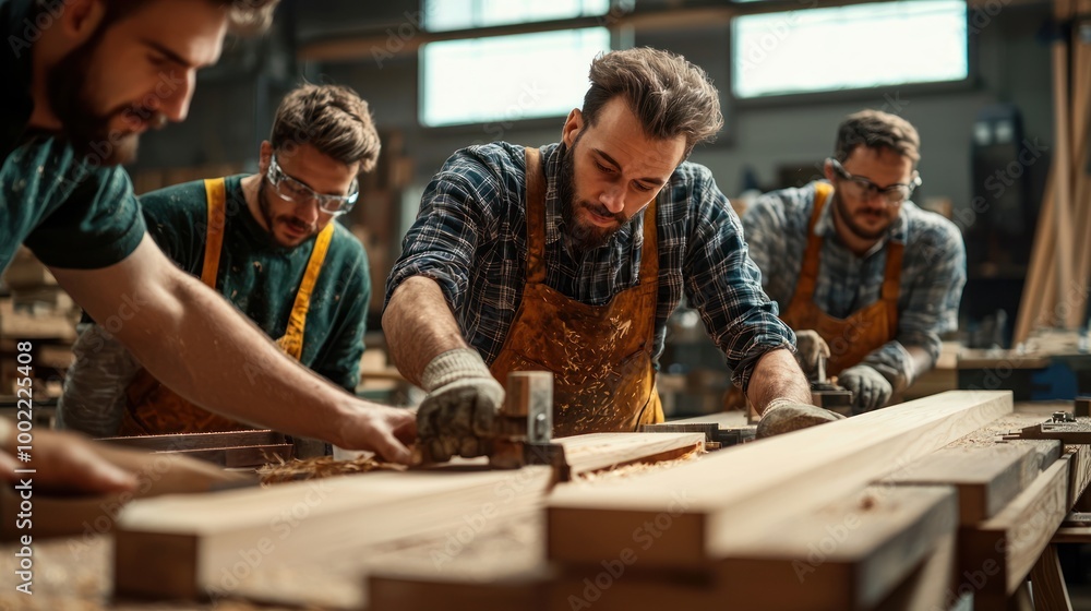 A group of men collaborating in a woodwork shop, demonstrating teamwork and skill.