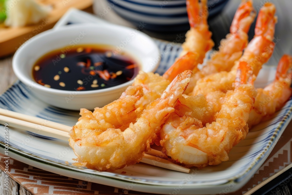 A plate of crispy tempura shrimp with dipping sauce, arranged beautifully on a Japanese-themed plate with chopsticks. Copy space A plate of crispy tempura shrimp with dipping sauce, arranged beautifully on a Japanese-themed plate with chopsticks. Copy space
