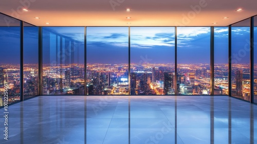 Modern empty room with large windows overlooking the illuminated cityscape at night from a skyscraper.