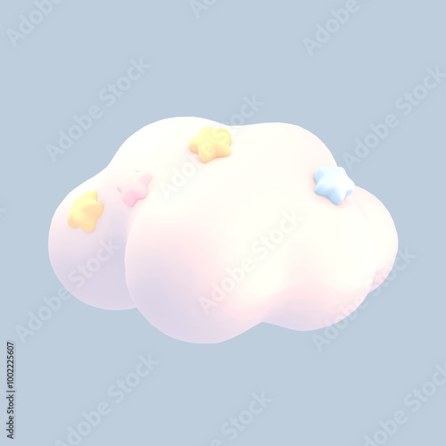3D render cartoon cloud with stars object on grayish blue background.