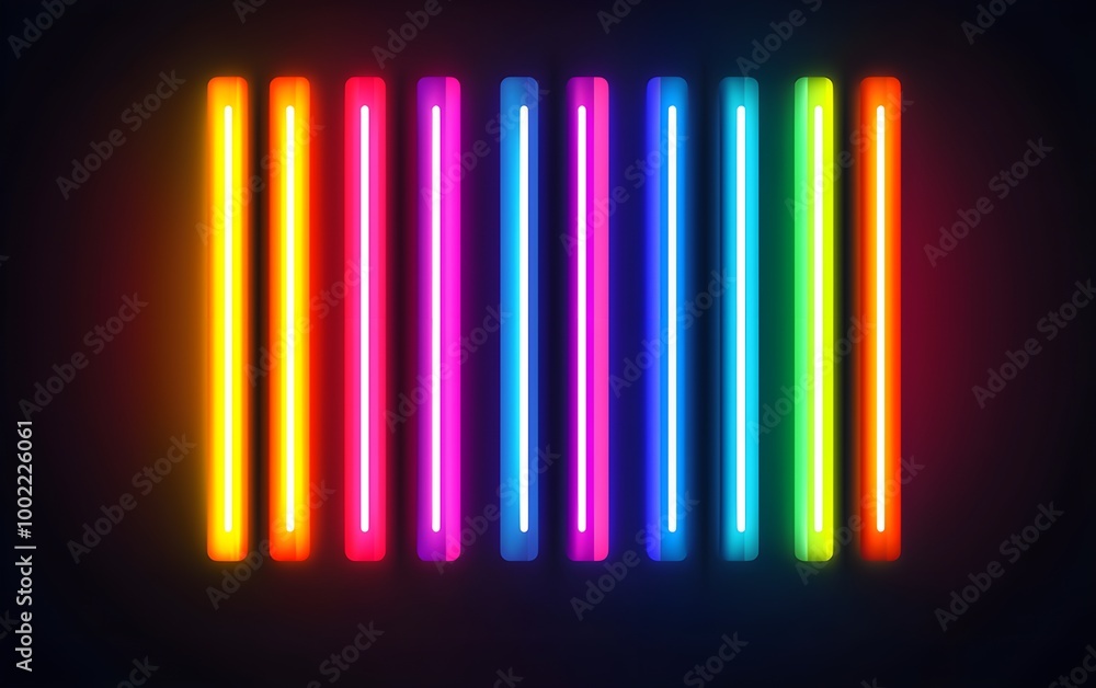 Fototapeta premium Vertical neon light bars in a full rainbow spectrum, glowing brightly on a dark background, symbolizing vibrant energy and colorful harmony