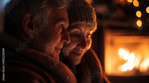 Elderly Couple Embracing by a Fireplace with Warm Lights