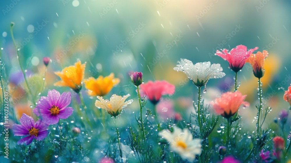 Obraz premium Morning dew glistening on vibrant flowers in a blooming field, offering a beautiful and serene background with copy space.