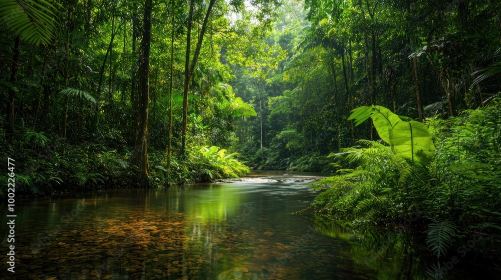 A serene forest scene with a calm stream running through it, surrounded by dense greenery. A serene forest scene with a calm stream running through it, surrounded by dense greenery.