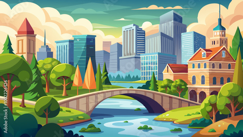 A cityscape with a stone bridge over a river, surrounded by tall buildings, trees, and a cloudy sky