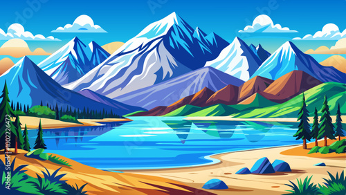 A scenic landscape with snow-capped mountains reflected in a calm, rippled lake. The foreground features a sandy beach with intricate patterns created by the receding tide. The sky is a vibrant blue