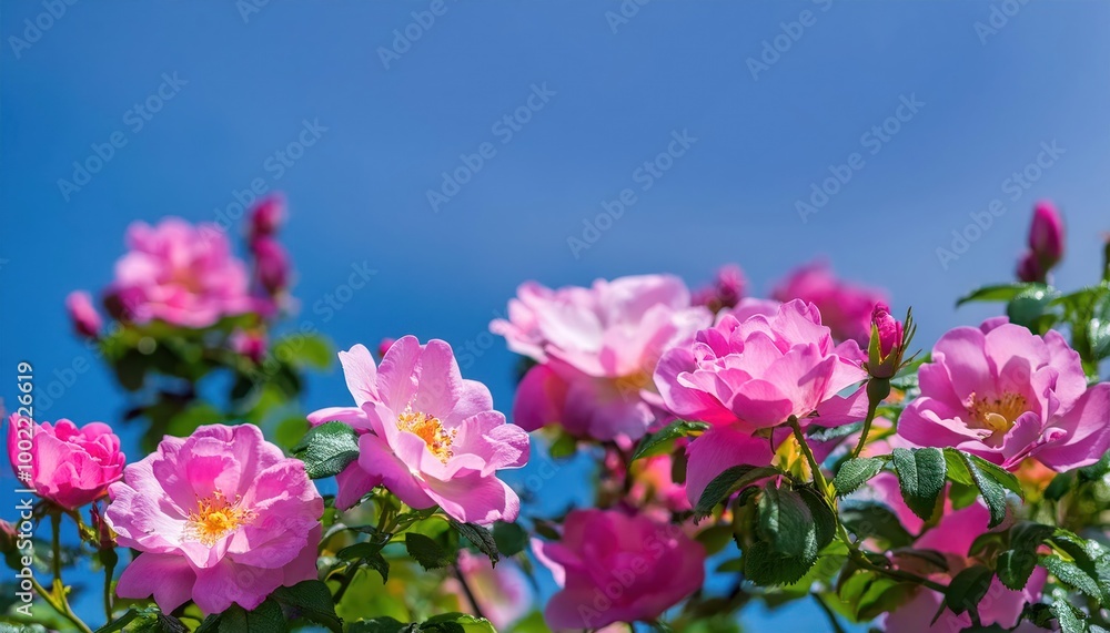 Beautiful spring border, blooming rose bush on a blue background. Flowering rose hips agains Beautiful spring border, blooming rose bush on a blue background. Flowering rose hips agains