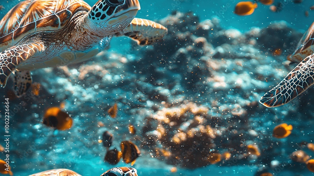 A cluster of sea turtles gliding together on a blue-yellow ocean bottom with vibrant coral surroundings A cluster of sea turtles gliding together on a blue-yellow ocean bottom with vibrant coral surroundings