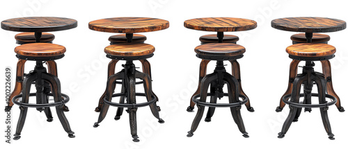 A set of four rustic wooden stools with metal bases, perfect for bars, kitchens, or casual dining spaces. photo