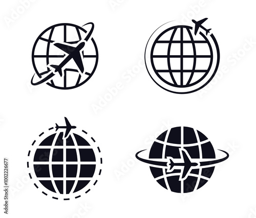 Globe and airplane icon set. Plane fly around the earth planet. Airplane travel logo. World map icon collection. Vector illustration.