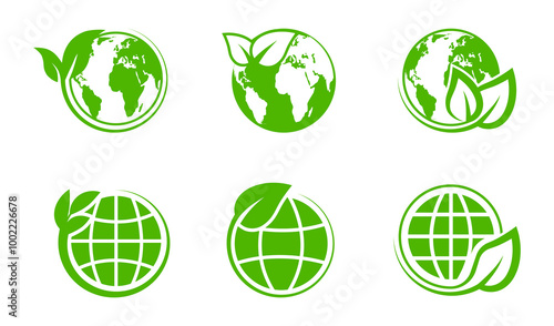 Green earth planet icon set. ECO friendly world icon. Ecology planet. Globe with leaves. Eco environment symbol. Vector illustration.