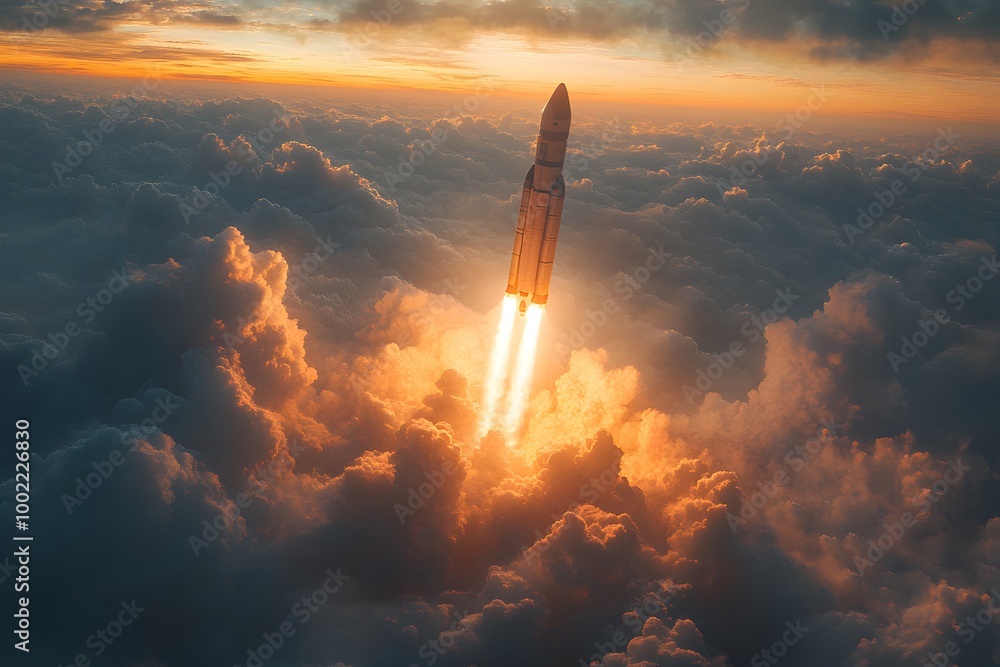Naklejka premium A rocket ascending through the clouds with sunlight illuminating its path.