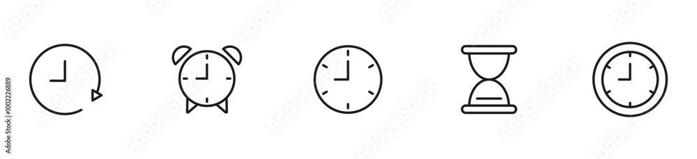 Time and clock icon set. Clock, alarmclock, hourglass. Editable stroke line icons. Vector illustration. Time and clock icon set. Clock, alarmclock, hourglass. Editable stroke line icons. Vector illustration.