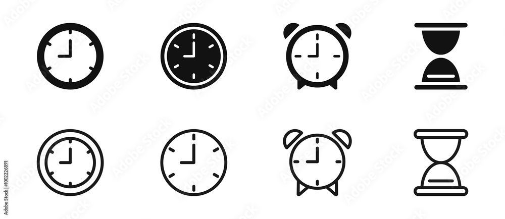 Time and clock icon set. Clock, alarmclock, hourglass. Vector illustration. Time and clock icon set. Clock, alarmclock, hourglass. Vector illustration.