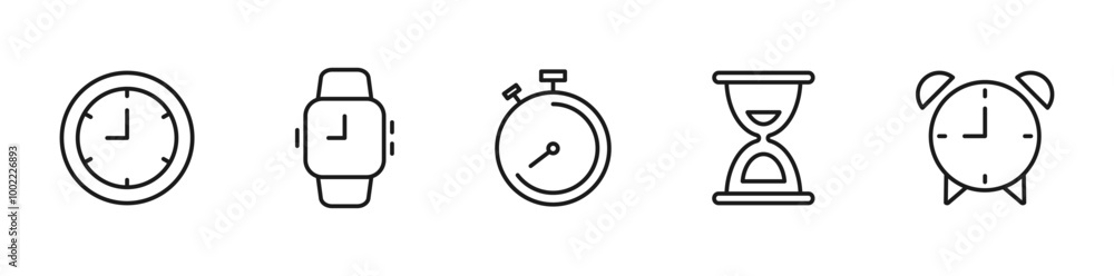 Time and clock icon set. Clock, stopwatch, wristwatch, alarmclock, hourglass. Editable stroke line icons. Vector illustration. Time and clock icon set. Clock, stopwatch, wristwatch, alarmclock, hourglass. Editable stroke line icons. Vector illustration.