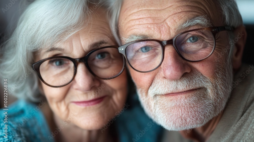 Close-up portrait of a senior couple wearing glasses. Close-up portrait of a senior couple wearing glasses.