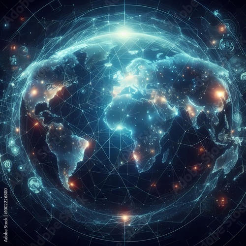 Illustration of a digital world map with luminous network connections, symbolizing global technology concepts