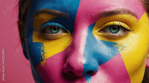 Portrait of the bright beautiful girl with art colorful make-up and body art. Pink, Blue, Yellow Close up