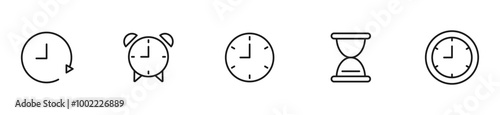 Time and clock icon set. Clock, alarmclock, hourglass. Editable stroke line icons. Vector illustration.