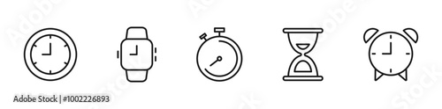 Time and clock icon set. Clock, stopwatch, wristwatch, alarmclock, hourglass. Editable stroke line icons. Vector illustration.