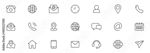 Contact and Web icons set. Business contact us icons. Communication isolated symbols. Phone, email, website and address. Editable stroke line icons. Vector illustration.