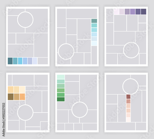 Photo collage template set. Album brandboard, set portfolio images. Mood board backgrounds. Mosaic picture frames. Gallery banners. Vector illustration