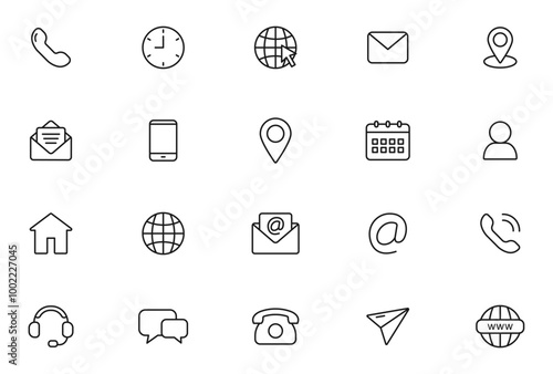 Contact and Web icons set. Business contact us icons. Communication isolated symbols. Phone, email, website and address. Editable stroke line icons. Vector illustration.