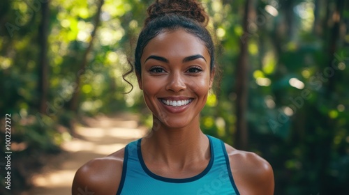 Smiling Woman Jogging in a Forest