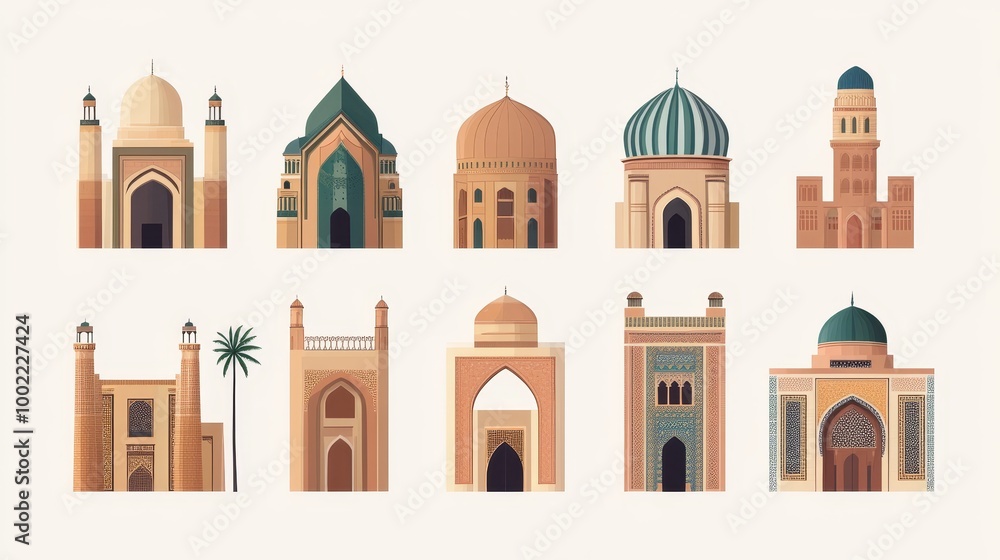 Obraz premium Extensive vector collection showcasing Arabic architectural designs and buildings adorned with captivating geometric patterns.
