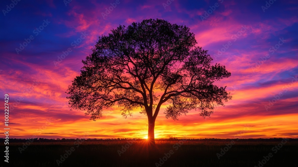 A single, tall tree against a dramatic sunset sky, with vibrant colors and silhouettes. A single, tall tree against a dramatic sunset sky, with vibrant colors and silhouettes.