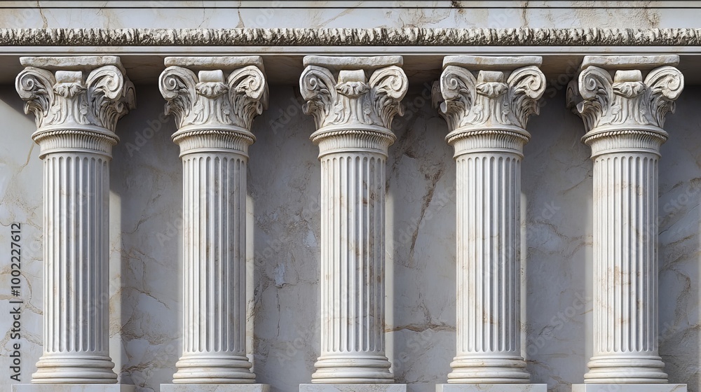 Fototapeta premium Elegant marble columns, reminiscent of ancient Roman and Greek architecture, adorn this image. The intricate designs and flutings of these pillars evoke the grandeur of ancient temples and buildings.