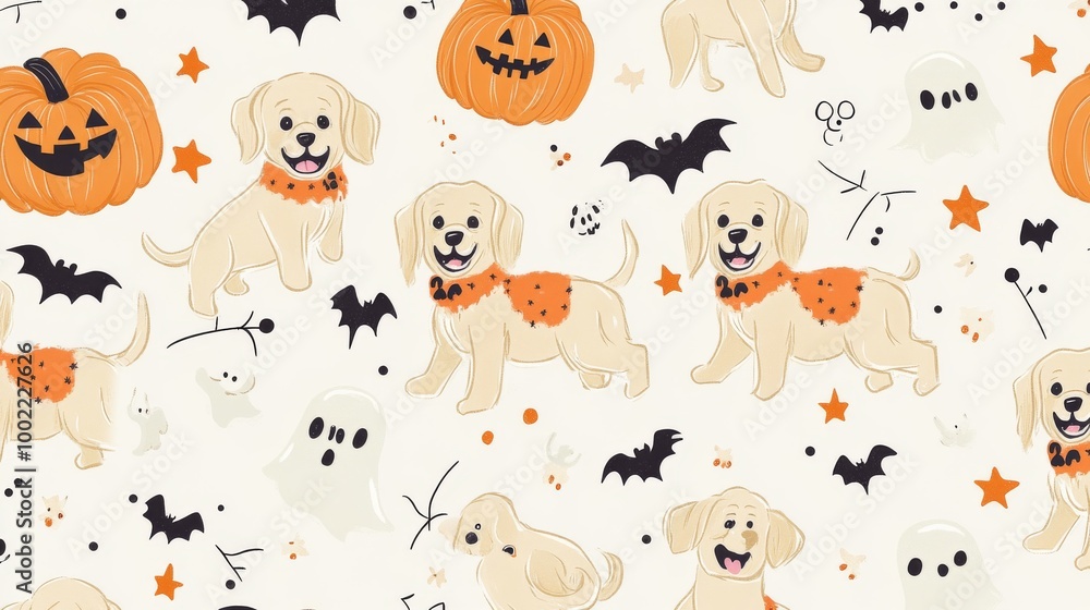 Fototapeta premium 2408 138.A festive Halloween pattern featuring adorable golden retrievers in costumes, with cartoonish pumpkins, floating ghosts, and skulls scattered throughout. The seamless design is lighthearted