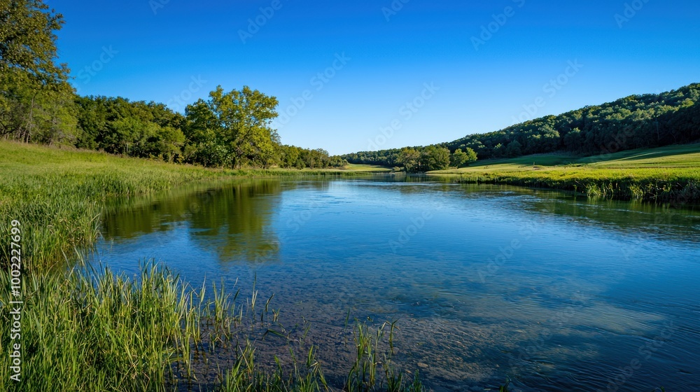 A peaceful nature scene with a clear blue sky, rolling hills, and a calm river. A peaceful nature scene with a clear blue sky, rolling hills, and a calm river.