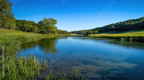 A peaceful nature scene with a clear blue sky, rolling hills, and a calm river.