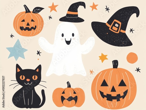 2408 141.A collection of cute Halloween clipart featuring a ghost with a mischievous smile, a grinning pumpkin, a black cat with a playful expression, and a witch hat with magical stars. The vector