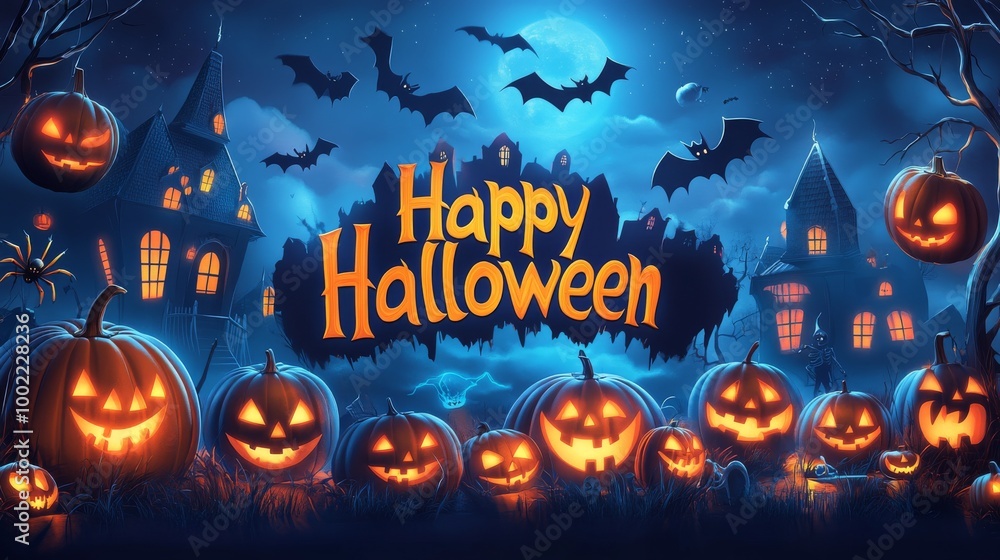 2408 148.A festive Halloween text banner with 3D realistic pumpkins and other symbols such as haunted houses, spiders, and flying bats. The 2408 148.A festive Halloween text banner with 3D realistic pumpkins and other symbols such as haunted houses, spiders, and flying bats. The