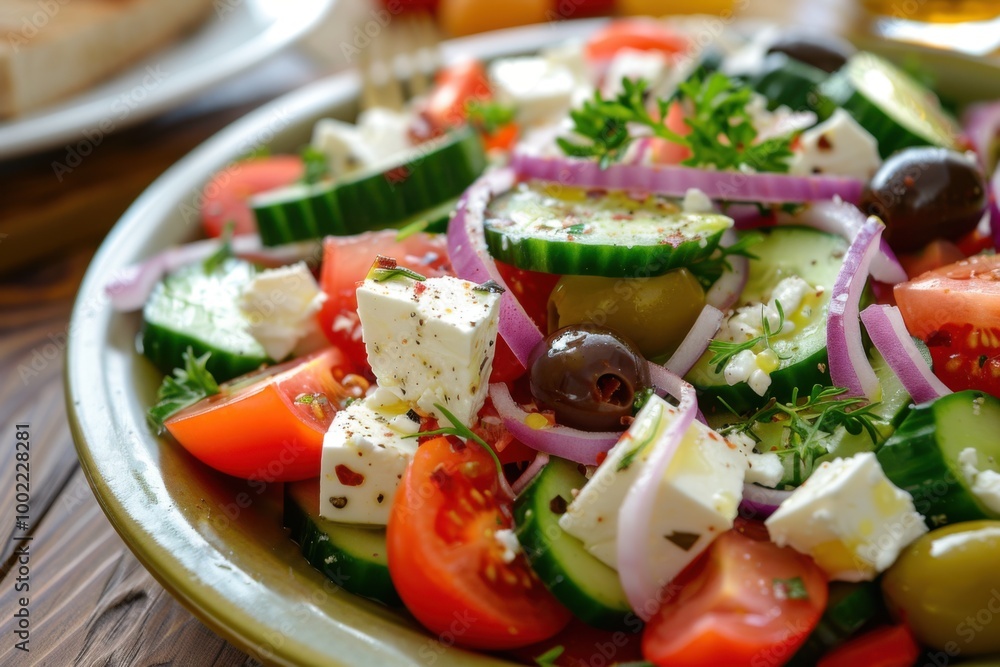 A plate of fresh Greek salad with feta cheese, olives, cucumbers, and red onions A plate of fresh Greek salad with feta cheese, olives, cucumbers, and red onions