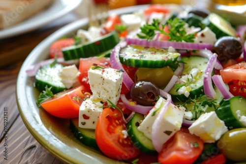 A plate of fresh Greek salad with feta cheese, olives, cucumbers, and red onions