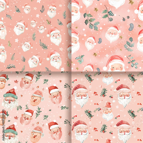 Cute Watercolor Christmas Santa Claus Seamless Pattern Pink Background