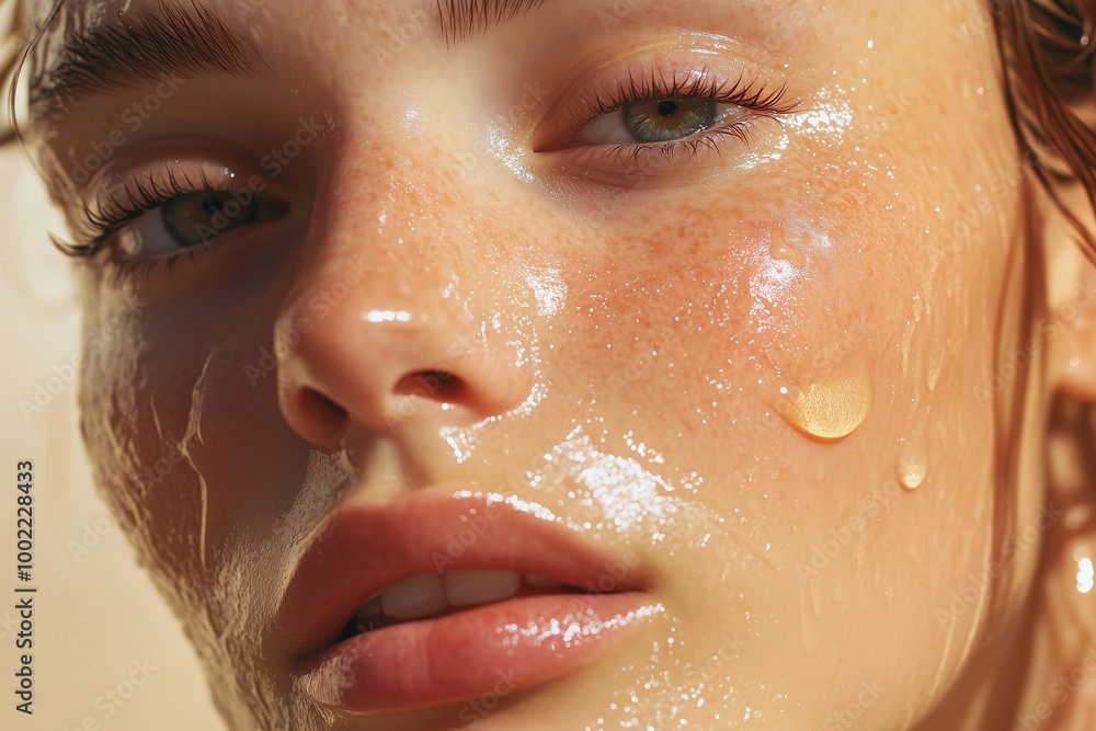 Fototapeta premium Water hydration beauty, skincare face moisturizer, serum product in golden sunlight. Banner with copy space. skincare product on facial skin. Natural beauty and cosmetic concept.