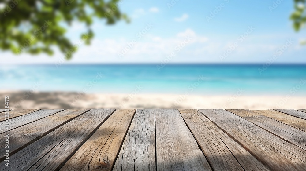 Wooden planks on a blurred background of a beautiful beach with blue water and green leaves. Wooden planks on a blurred background of a beautiful beach with blue water and green leaves.