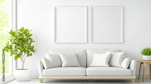 Minimalist living room interior with white sofa, plants, and blank picture frames, conveying simplicity, modern decor, and natural light.