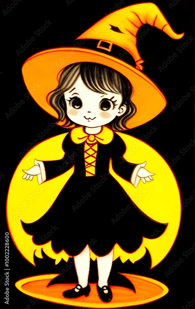 Fototapeta premium vintage drawing of a cute young child, youth, kid dressed up for Halloween as a wicked witch, spooky, traditional, illustration, old-fashioned, charm, eerie, playful, magical, fantasy, innocence