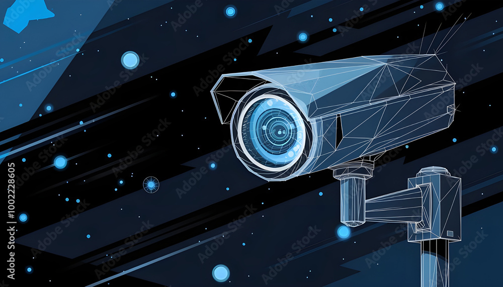 Low poly 3d CCTV security camera in dark blue. Abstract surveillance technology, safety, smart home or traffic monitoring concept. Vector mesh illustration with dots, lines and glowing particles. High Low poly 3d CCTV security camera in dark blue. Abstract surveillance technology, safety, smart home or traffic monitoring concept. Vector mesh illustration with dots, lines and glowing particles. High