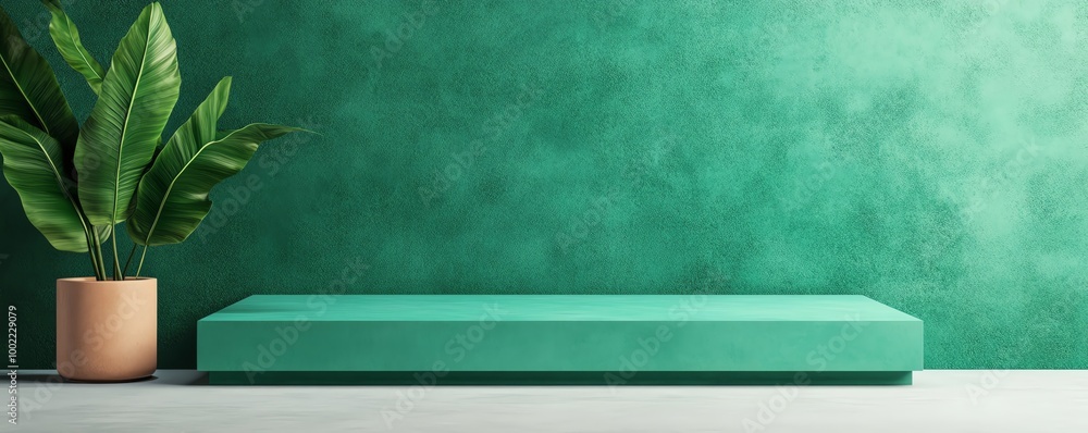 Modern green wall with a plant and a minimalist shelf. Modern green wall with a plant and a minimalist shelf.